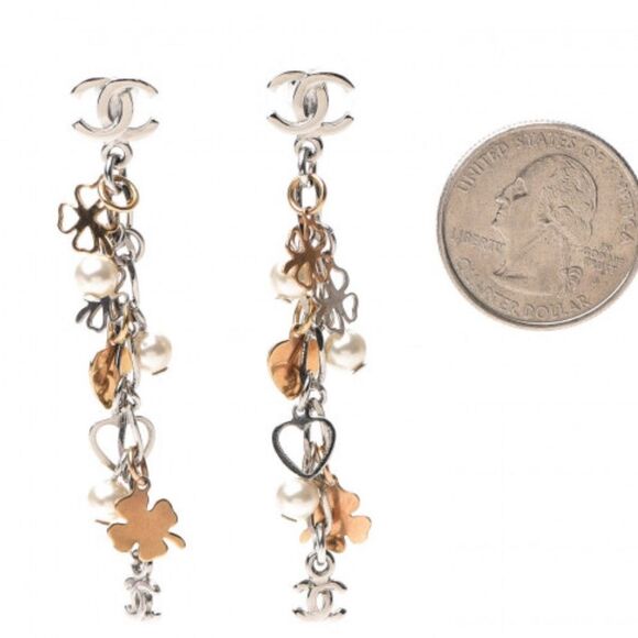 CHANEL 
Pearl CC Charm Chain Drop Earrings Silver Gold - Picture 7 of 7